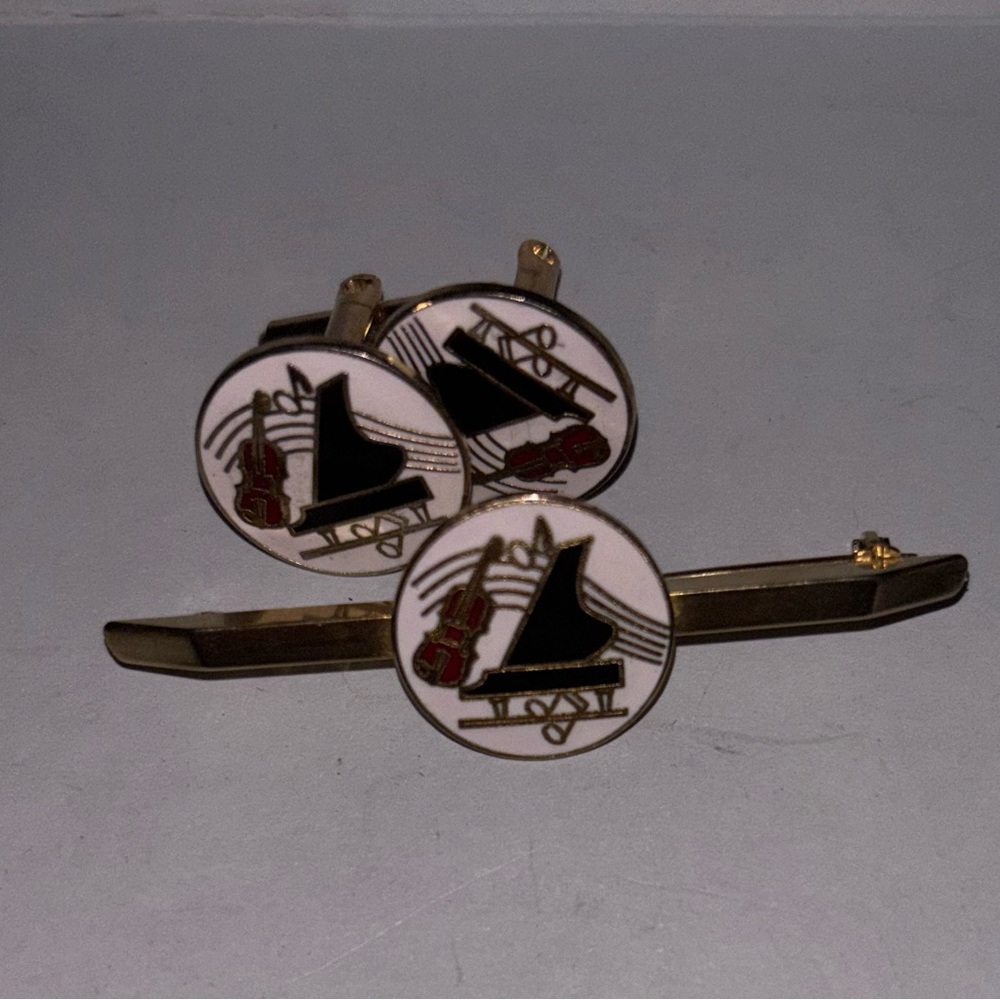 Elegant Gold and Black Music-Themed 1 Cufflink and Tie Clip and 1 other vintage
